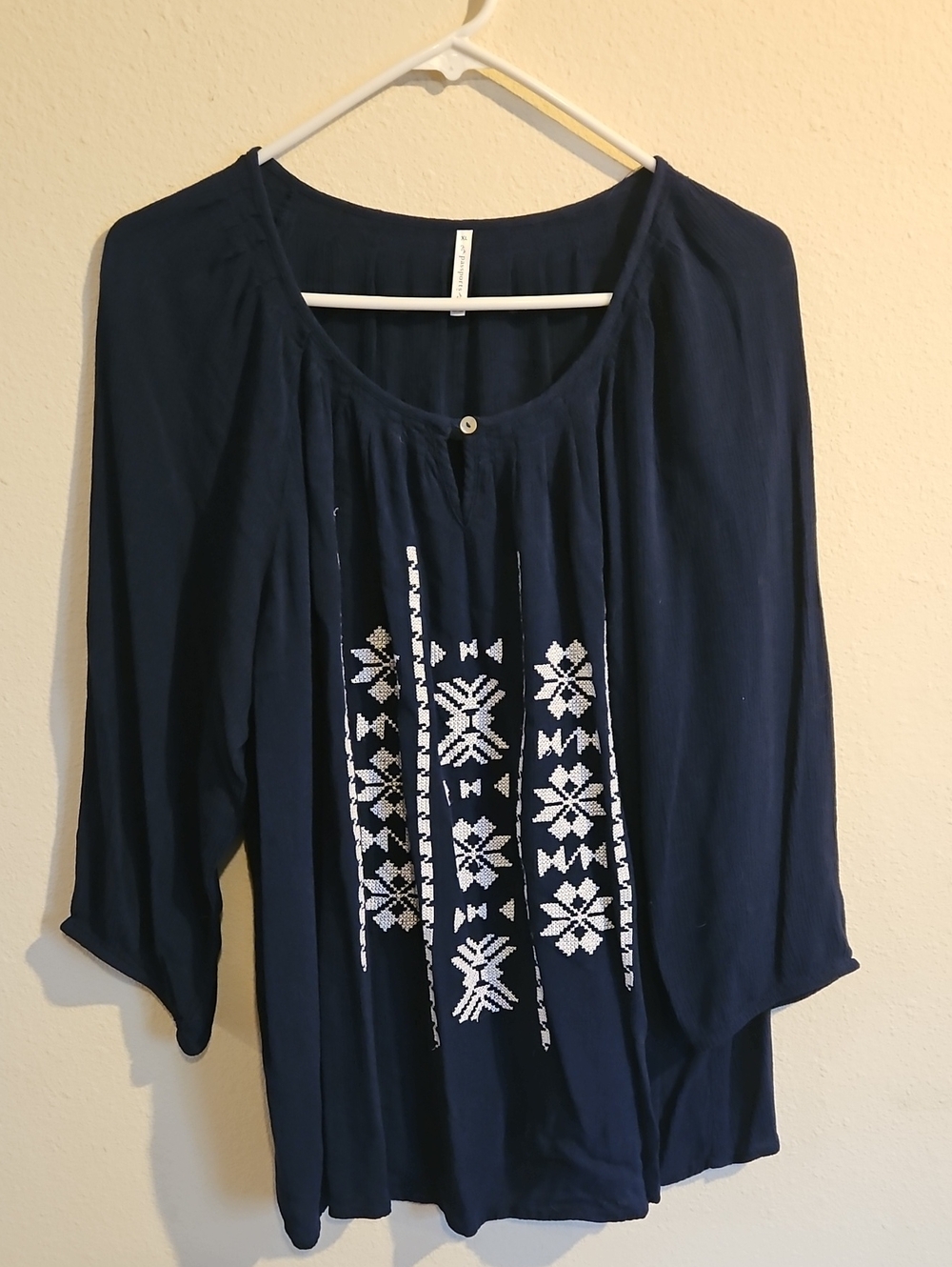 Passport Navy Blue Embroidered Peasant Blouse